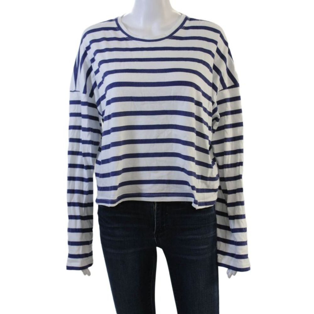 ASKKNY Women Blue Striped Cropped Cotton Long Sleeve T-Shirt Size M